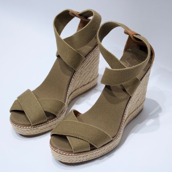 Tory Burch Adonis Wedge Espadrilles Sandals Army Green & Beige Women Size 9B - Picture 10 of 16